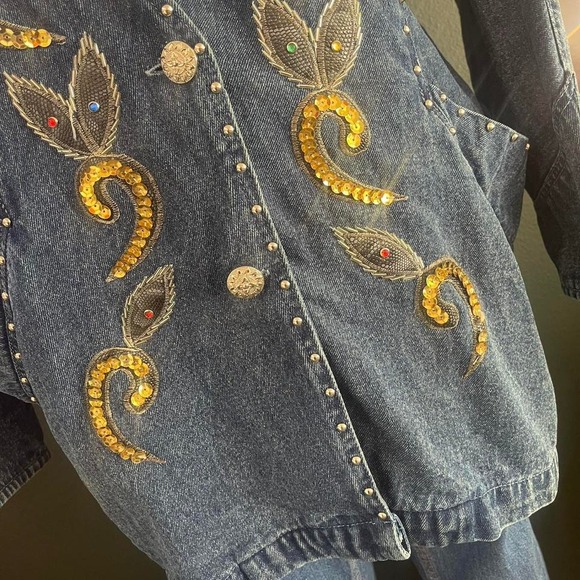 Vintage 80s embroidered denim duster jacket with studs rhinestones and sequins - Picture 7 of 9